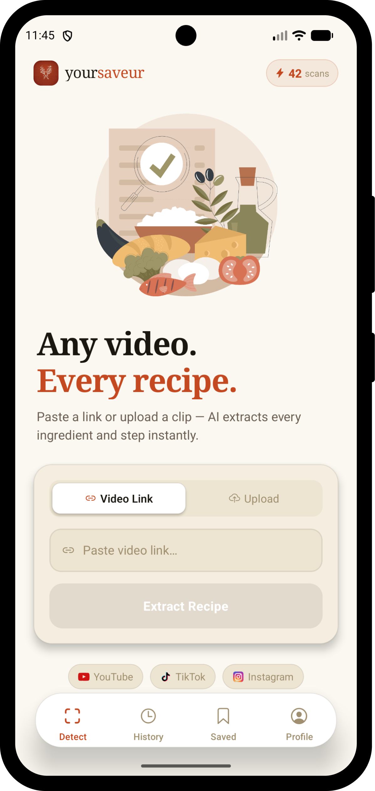 Saveur app — paste a video link to extract a recipe