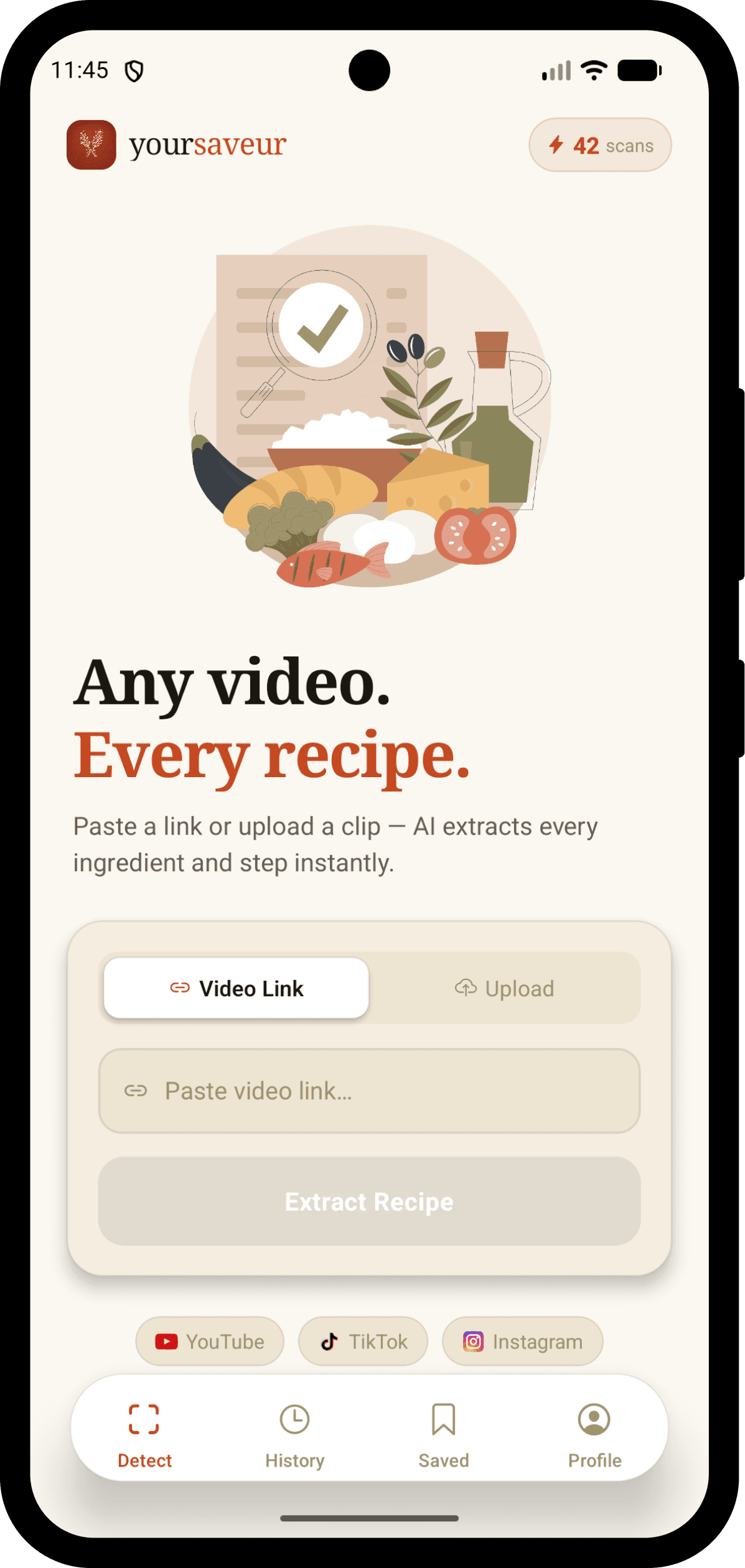 yoursaveur app, paste a video link to extract a recipe